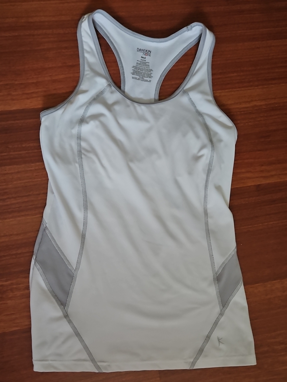 DANSKIN NOW Fitted Athletic Racerback Tank White With Grey Details Bra Shelf Med